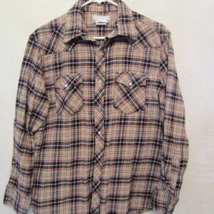 Wrangler Wrancher Brown Plaid Flannel Men's Large Long Sleeve Pearl Snap Shirt